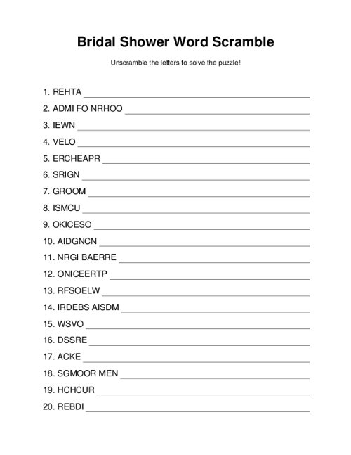 Bridal Shower Word Scramble