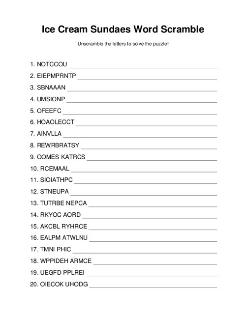Ice Cream Sundaes Word Scramble