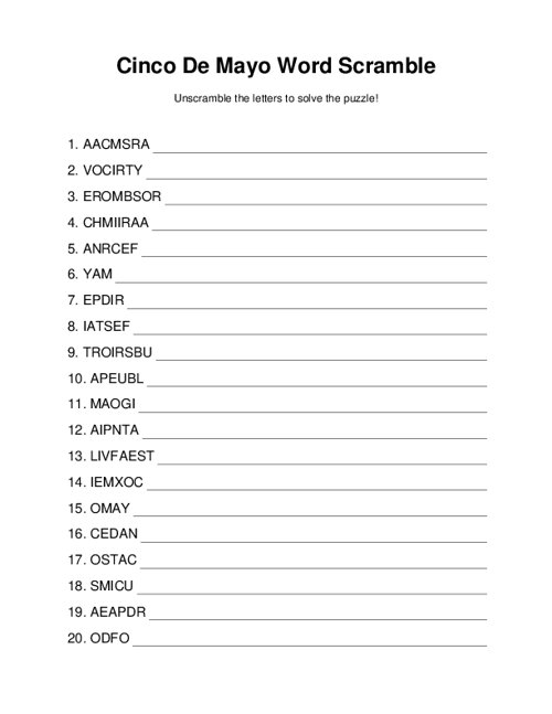 Free Printable Cinco De Mayo Word Scramble