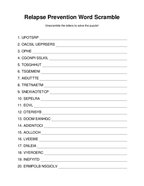 Relapse Prevention Word Scramble