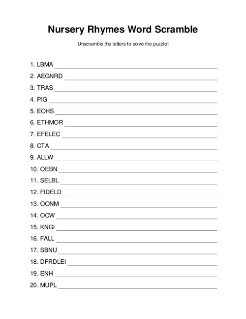 Nursery Rhymes Word Scramble