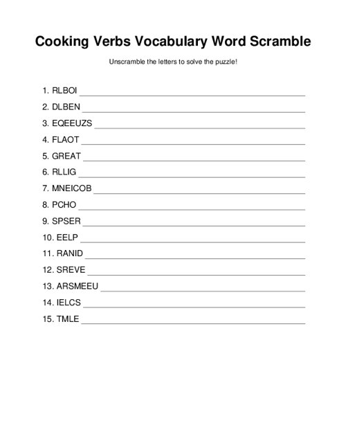Cooking Verbs Vocabulary Word Scramble