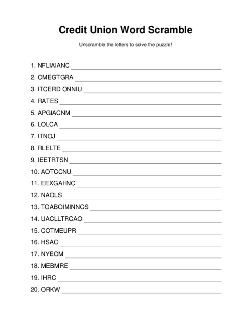 Credit Union Word Scramble
