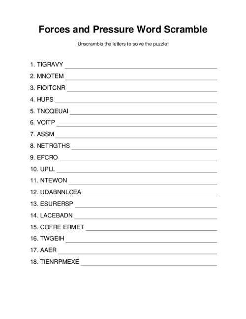 Forces and Pressure Word Scramble