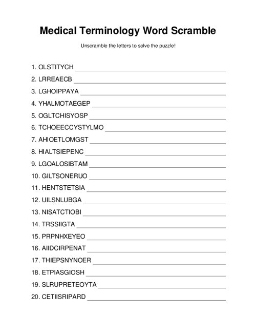 Medical Terminology Word Scramble