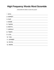 High Frequency Words Word Scramble Puzzle