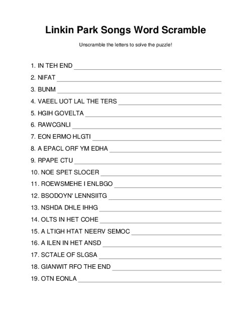 Linkin Park Songs Word Scramble