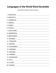 Languages of the World Word Scramble Puzzle