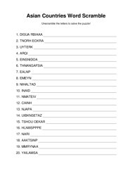 Asian Countries Word Scramble Puzzle