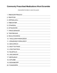 Commonly Prescribed Medications Word Scramble