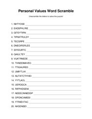 Personal Values Word Scramble Puzzle