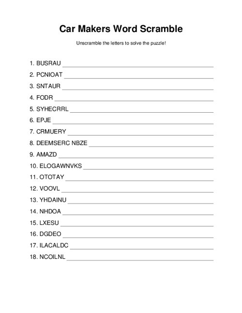 Car Makers Word Scramble