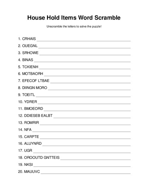House Hold Items Word Scramble