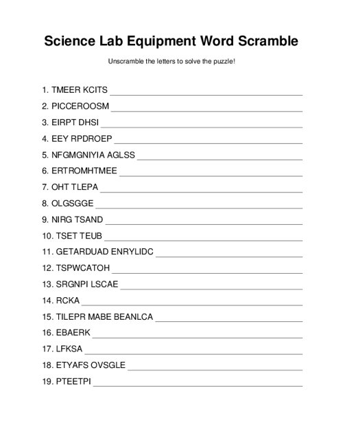 Science Lab Equipment Word Scramble