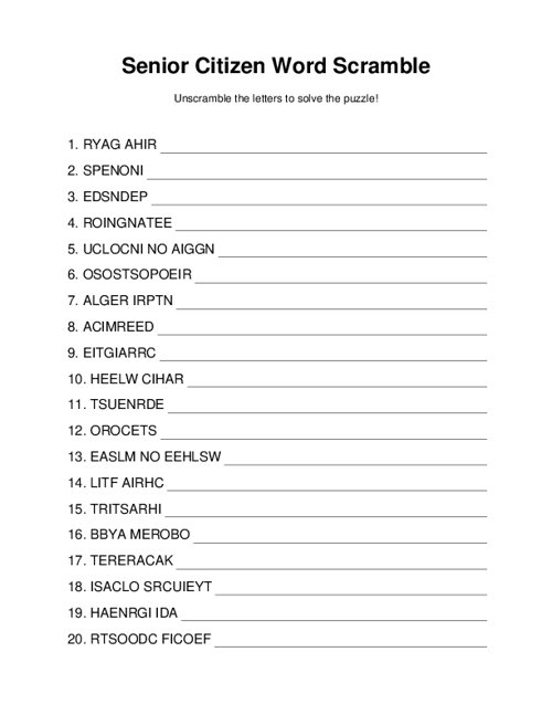 Senior Citizen Word Scramble Senior Citizen Word Scramble