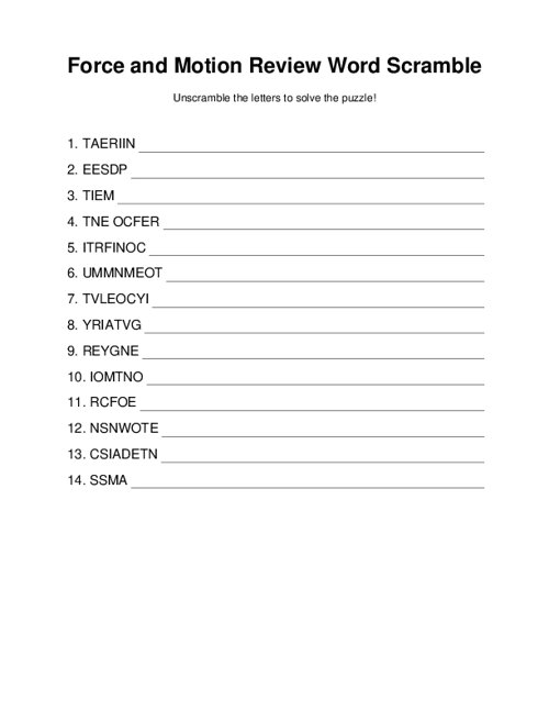 Force and Motion Review Word Scramble
