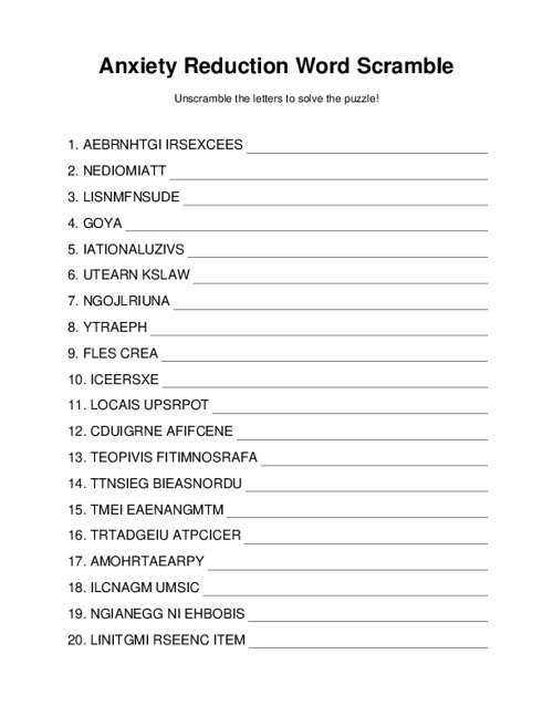 Anxiety Reduction Word Scramble