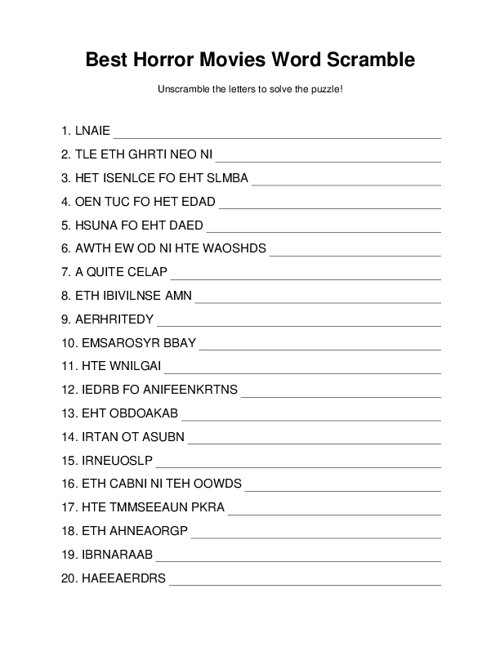 Best Horror Movies Word Scramble