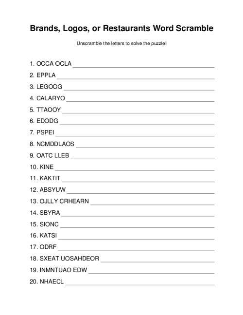 Brands, Logos, or Restaurants Word Scramble