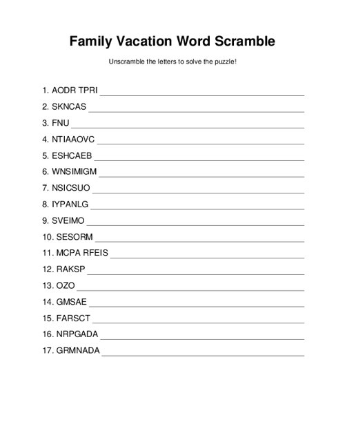 Family Vacation Word Scramble