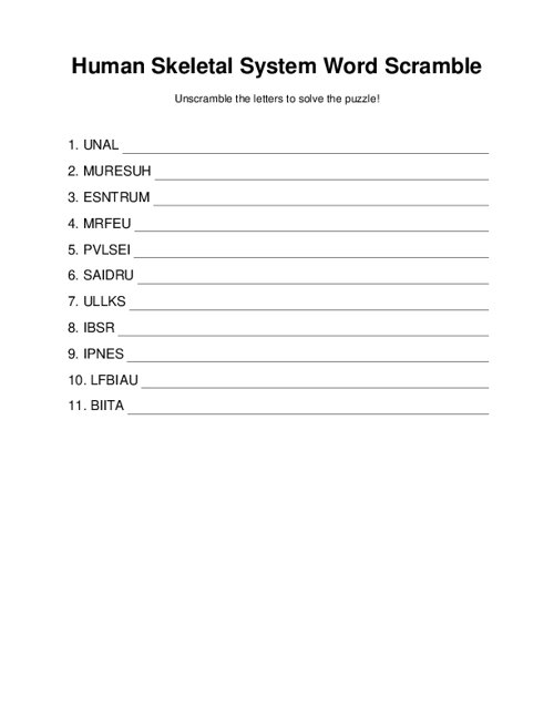 Human Skeletal System Word Scramble