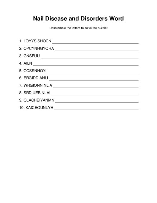 Nail Disease and Disorders Word Scramble