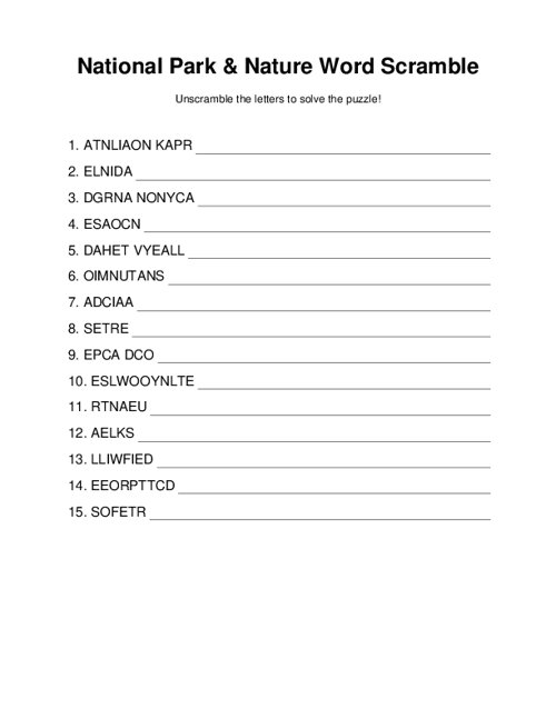 National Park & Nature Word Scramble