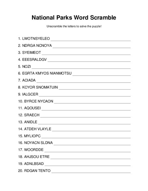 National Parks Word Scramble