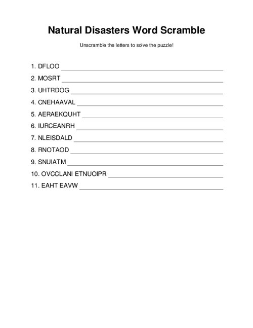 Natural Disasters Word Scramble