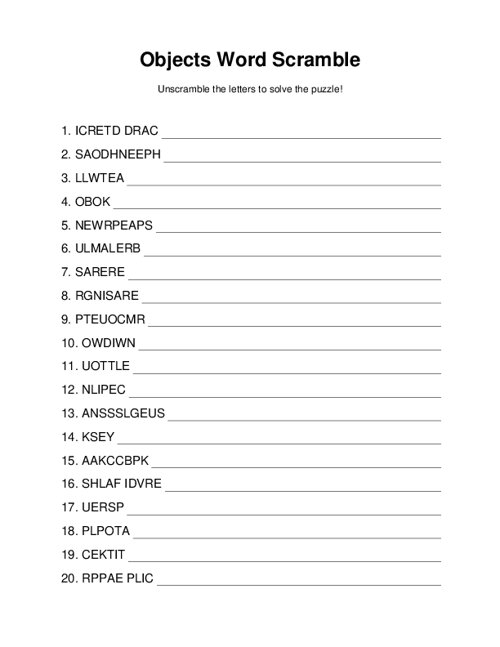 Objects Word Scramble