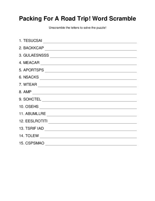 Packing For A Road Trip! Word Scramble