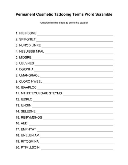 Permanent Cosmetic Tattooing Terms Word Scramble