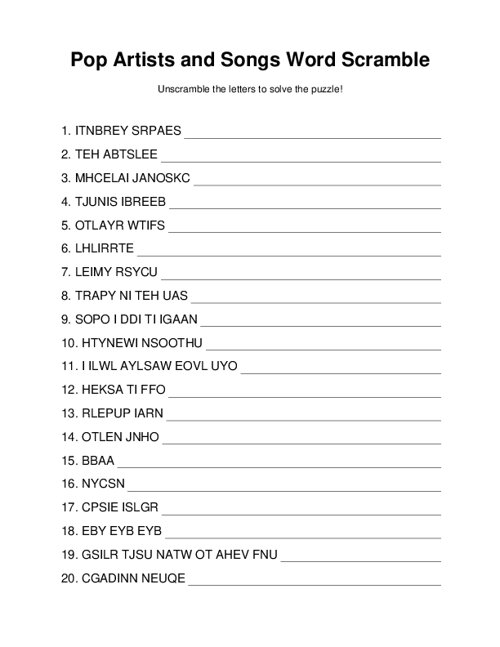 Pop Artists and Songs Word Scramble