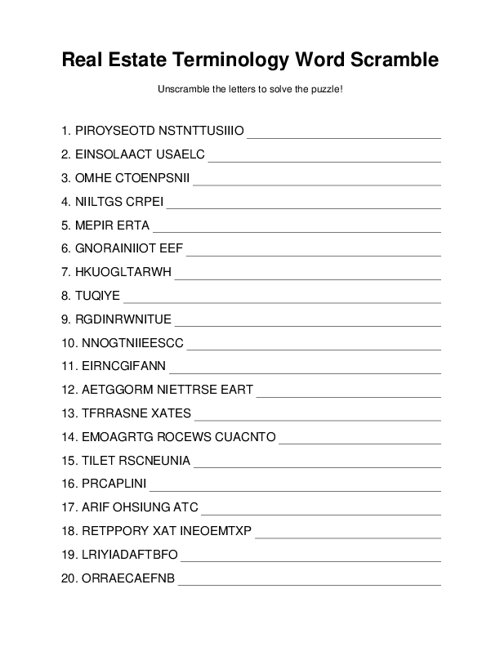 Real Estate Terminology Word Scramble