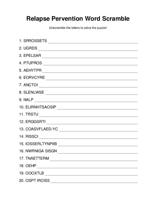 Relapse Pervention Word Scramble