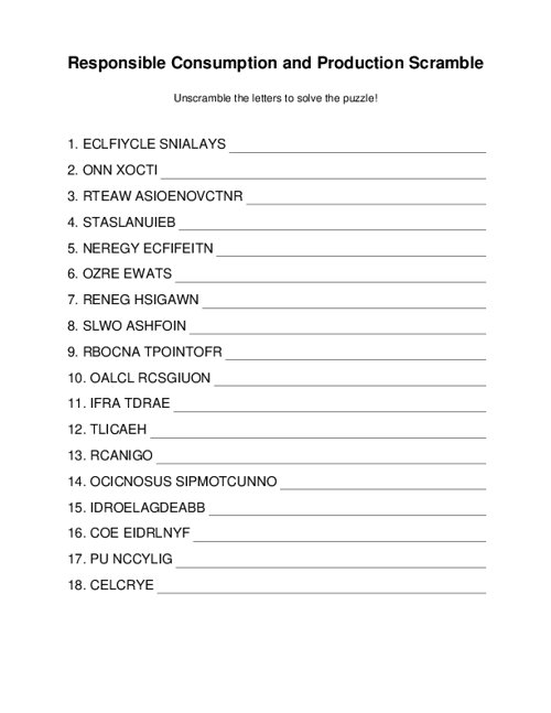 Responsible Consumption and Production Word Scramble