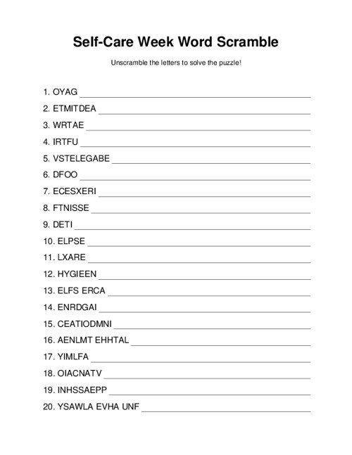 Self-Care Week Word Scramble