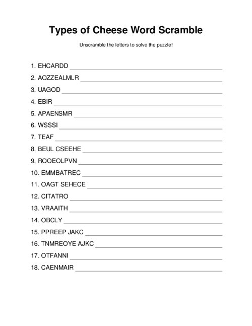 Types of Cheese Word Scramble