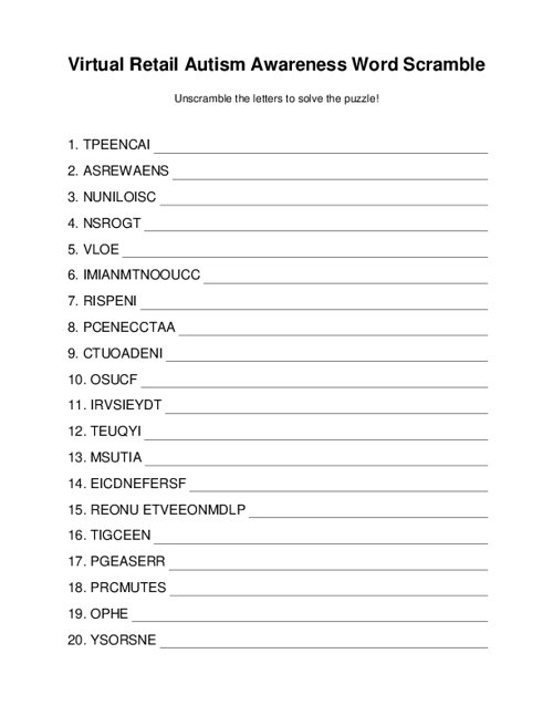 Virtual Retail Autism Awareness Word Scramble