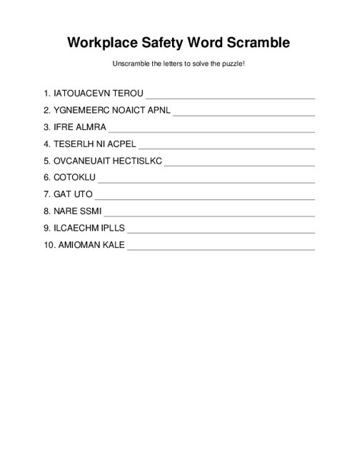 Workplace Safety Word Scramble