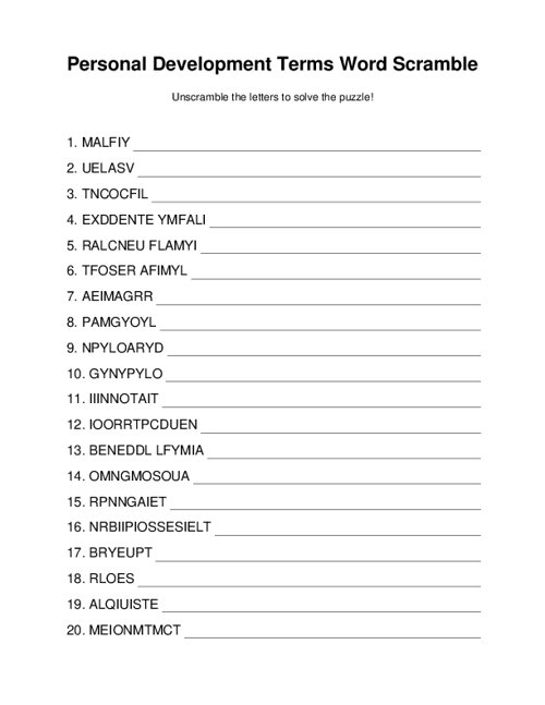 Personal Development Terms Word Scramble