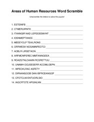 Areas of Human Resources Word Scramble Puzzle