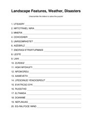 Landscape Features, Weather, Disasters Word Scramble