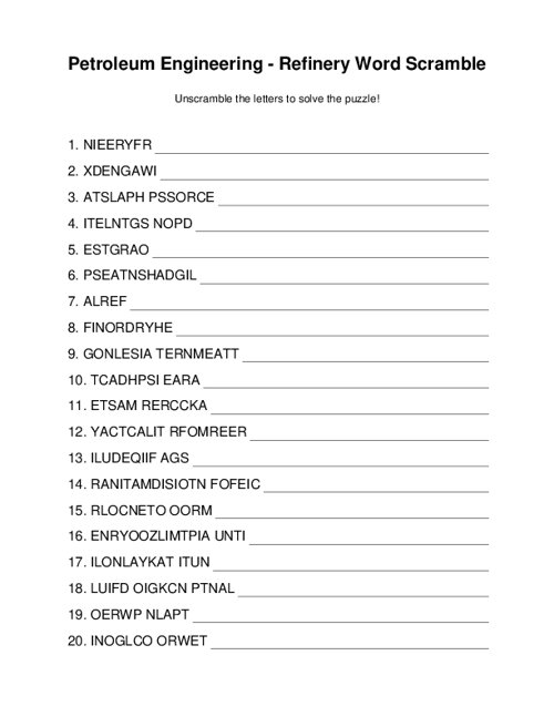 Petroleum Engineering - Refinery Word Scramble