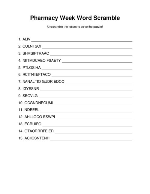 Pharmacy Week Word Scramble