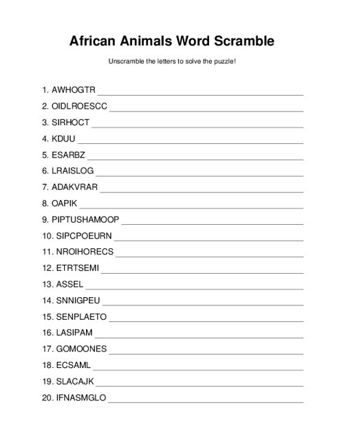 African Animals Word Scramble