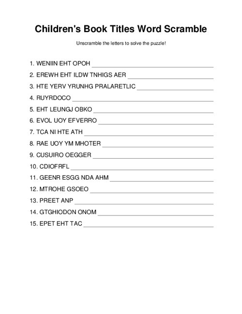 Children's Book Titles Word Scramble