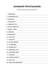 Juneteenth Word Scramble Puzzle