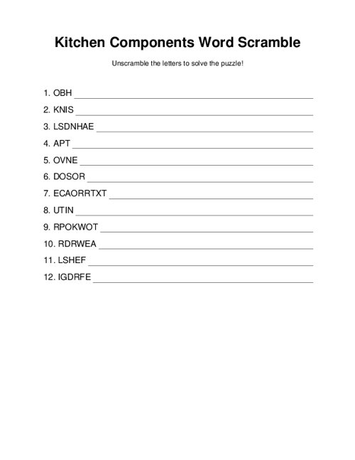 Kitchen Components Word Scramble