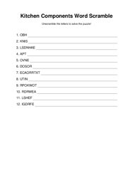 Kitchen Components Word Scramble Puzzle